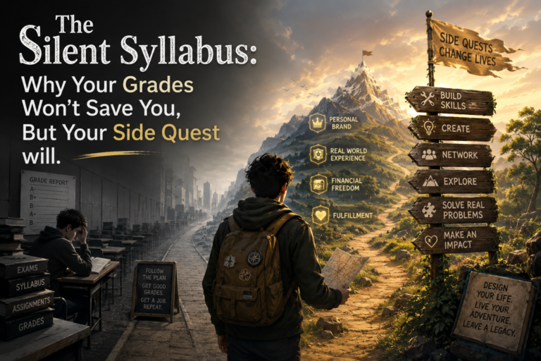 Student standing at a crossroads between academic success and personal growth, illustrating how side projects, skills, and real-world experience can matter more than grades for long-term success.